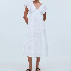 Madewell Tie-Back Flutter-Sleeve Tiered Midi Dress White NQ594 Size 0